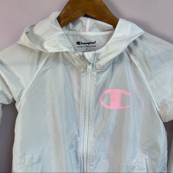CHAMPION Girls White Hooded Logo Windbreaker Rain Jacket Pastel Logo Small - Picture 5 of 14